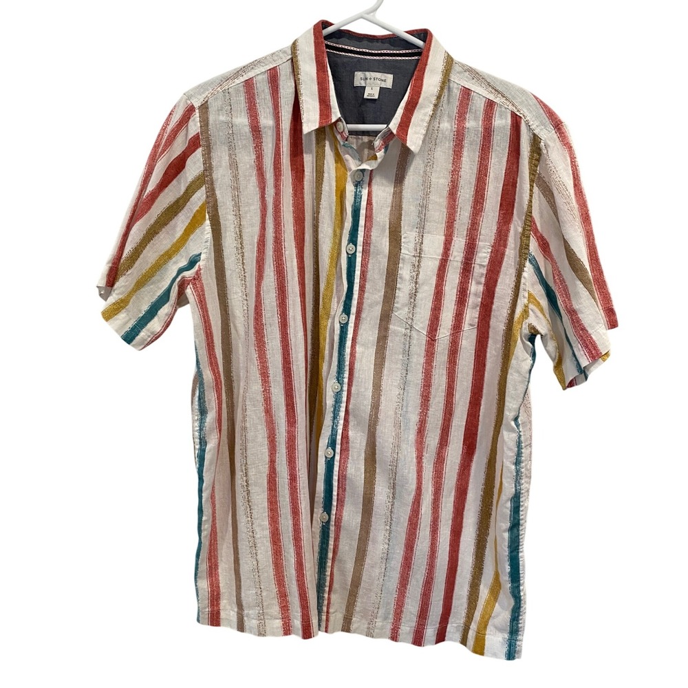 Sun‎ Stone Mens Striped Linen Blend Short Sleeve Button Down Shirt Size Large